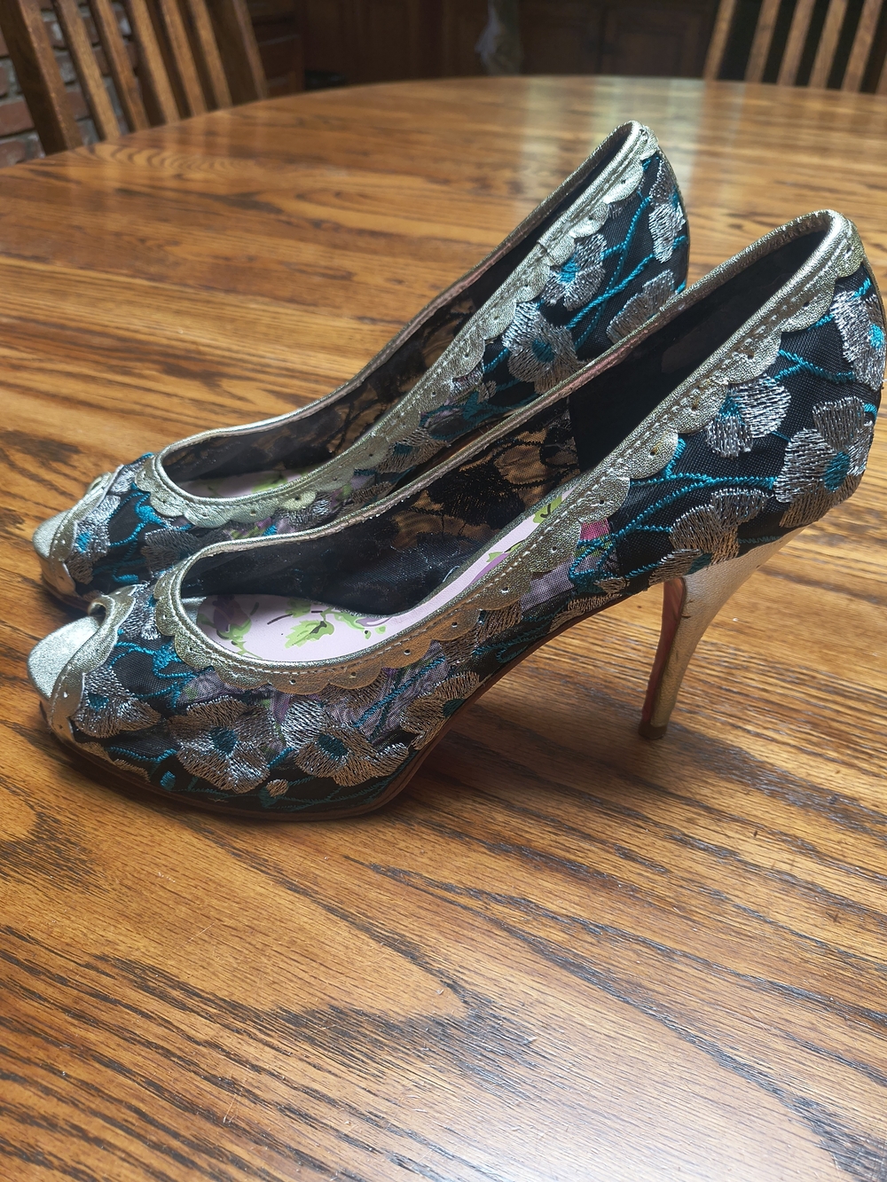 Betsey Johnson Teal and Silver Floral Mesh Peep-Toe Heels